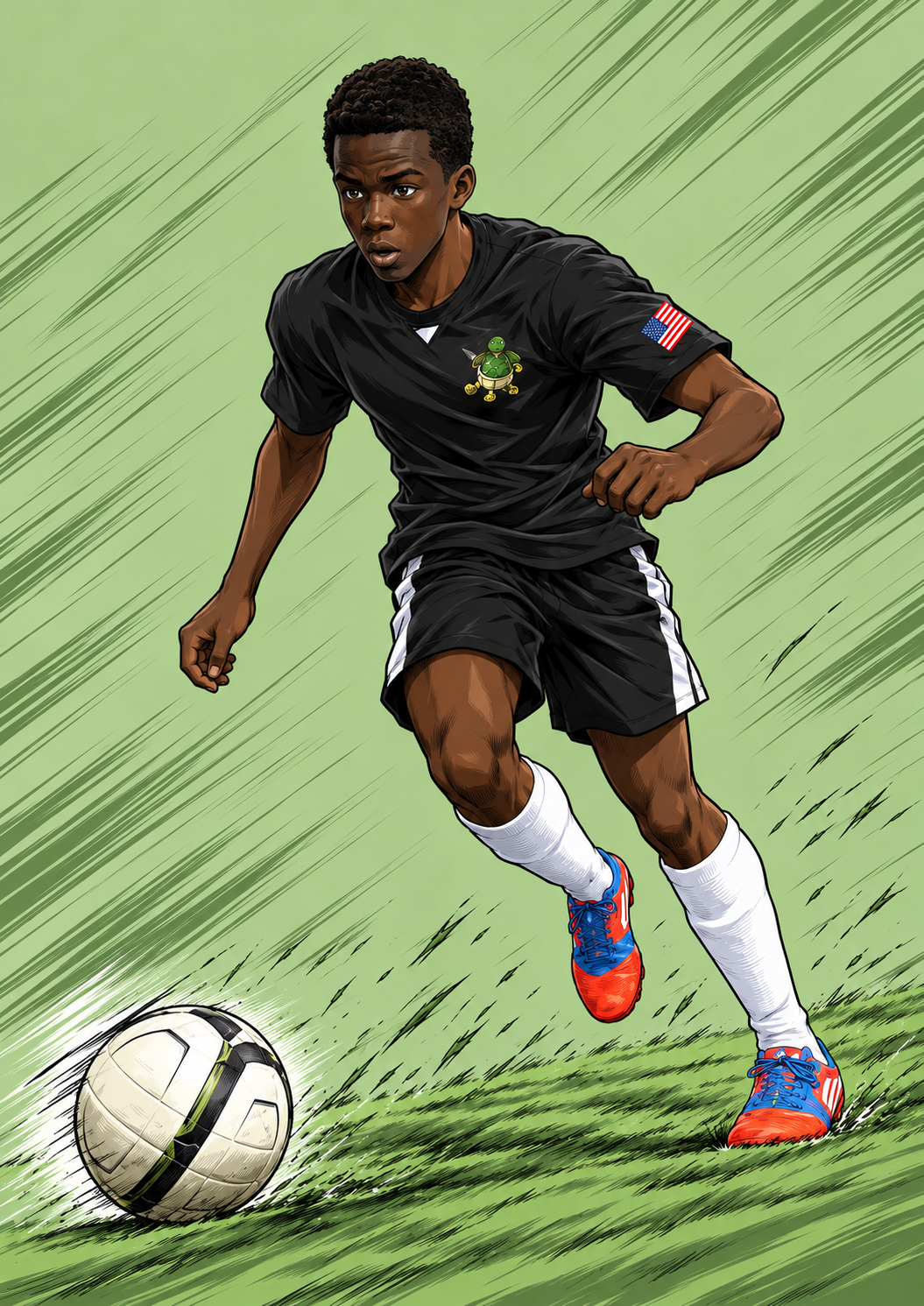 Anime illustration of Alain Mika dribbling a soccer ball in the Turtles black jersey