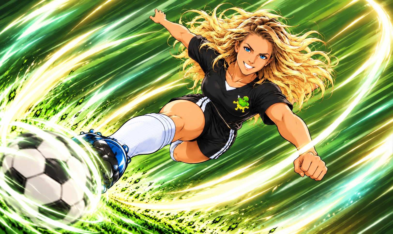 Anime illustration of Alyssa Soltis taking a powerful airborne shot with flowing blonde hair and the Turtles black jersey