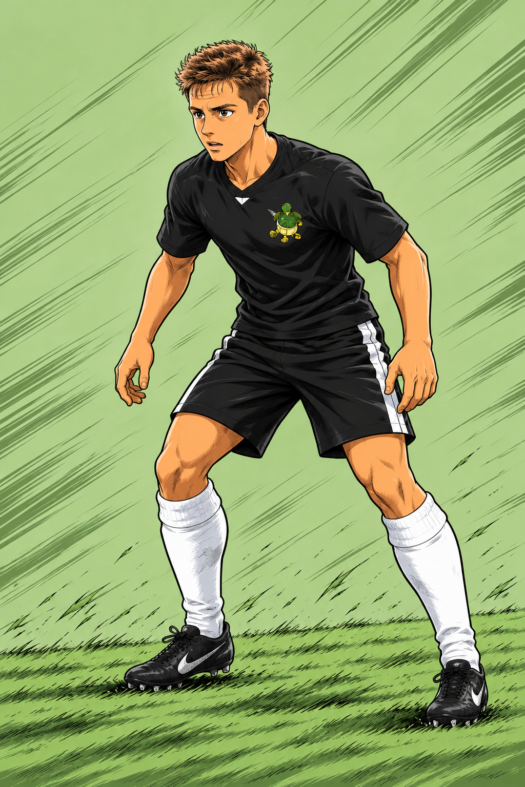 Anime illustration of Andrei Plop in the Turtles black jersey with a green turtle insignia