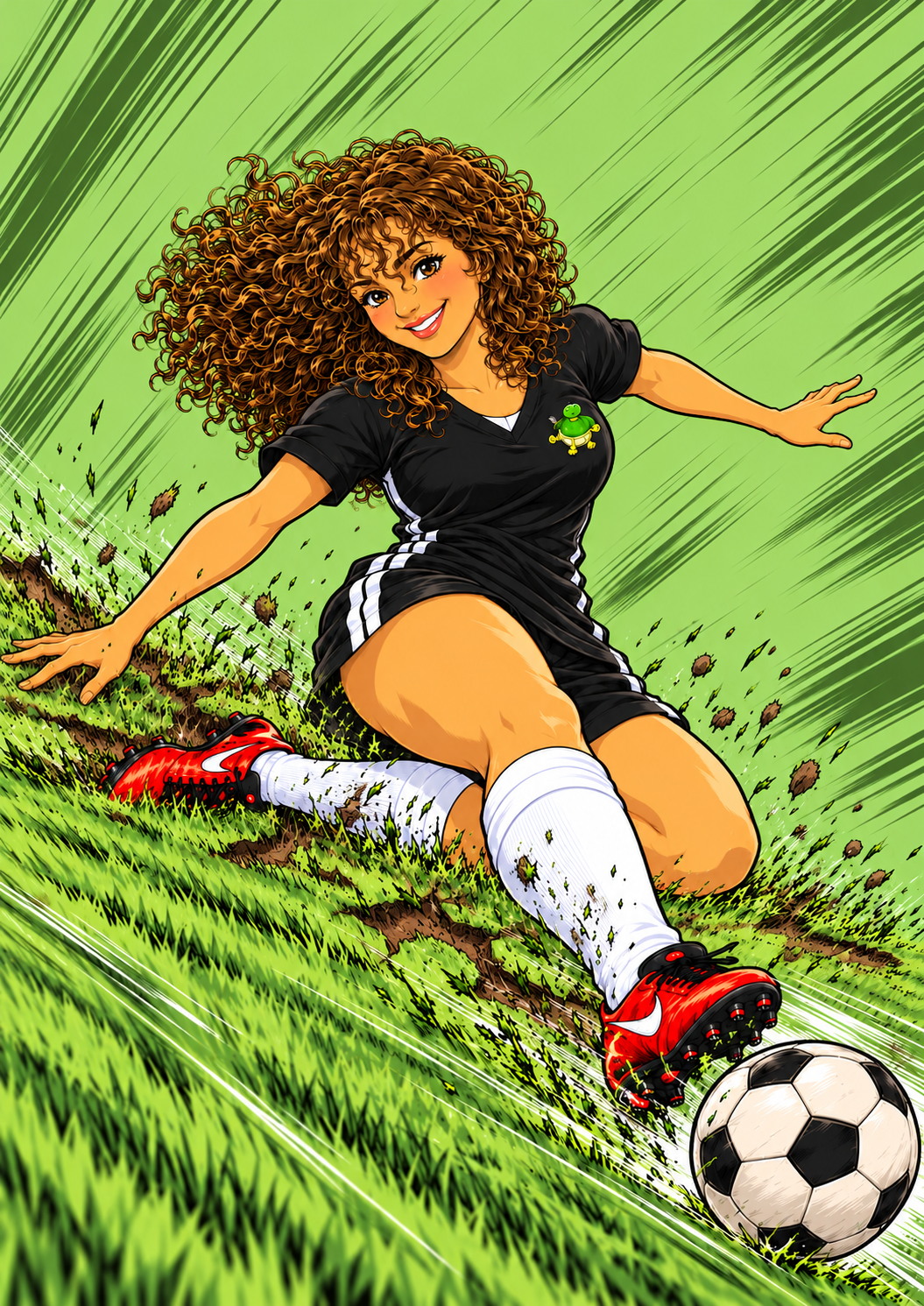 Anime illustration of Ashley Soltis performing a slide tackle, with thick curly hair and the Turtles black jersey