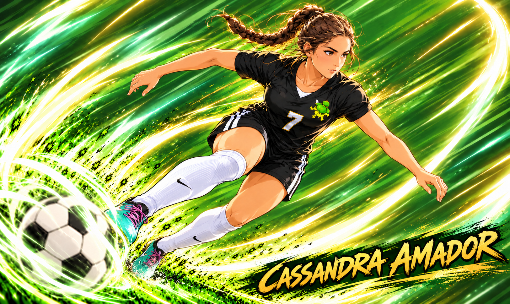 Cartoon illustration of Cassandra Amador in the Turtles uniform