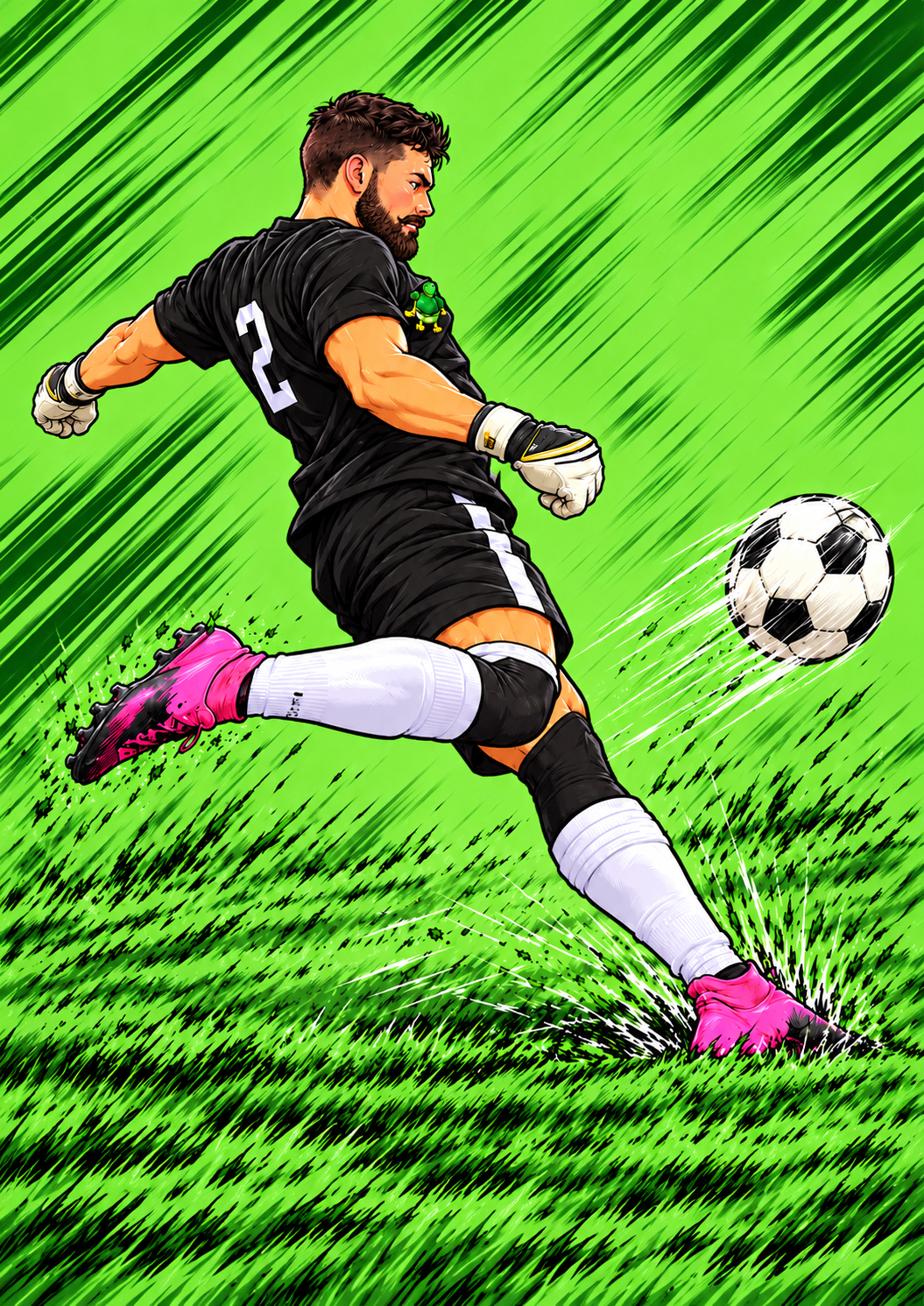 Cartoon illustration of bearded Chris Markus punting a soccer ball in the black Turtugas goalkeeper kit