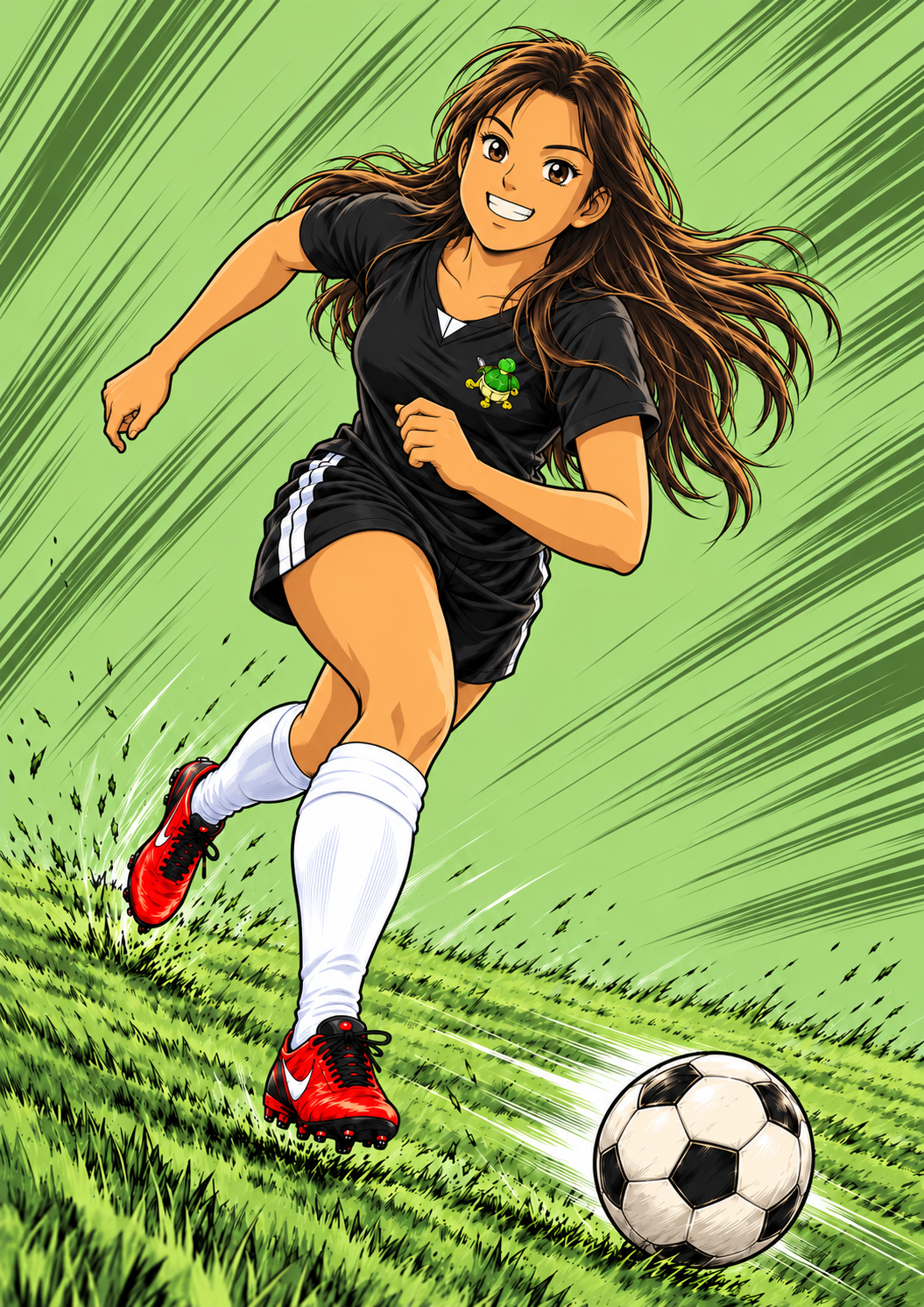 Anime illustration of Erin Fick in the Turtles black jersey with a green turtle insignia