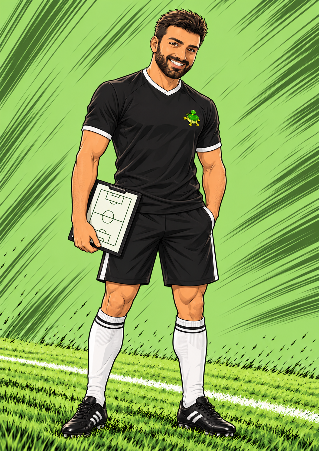 Anime illustration of Kevin Gjyrezi, Turtles team manager, wearing the black Turtles kit and holding a tactics clipboard