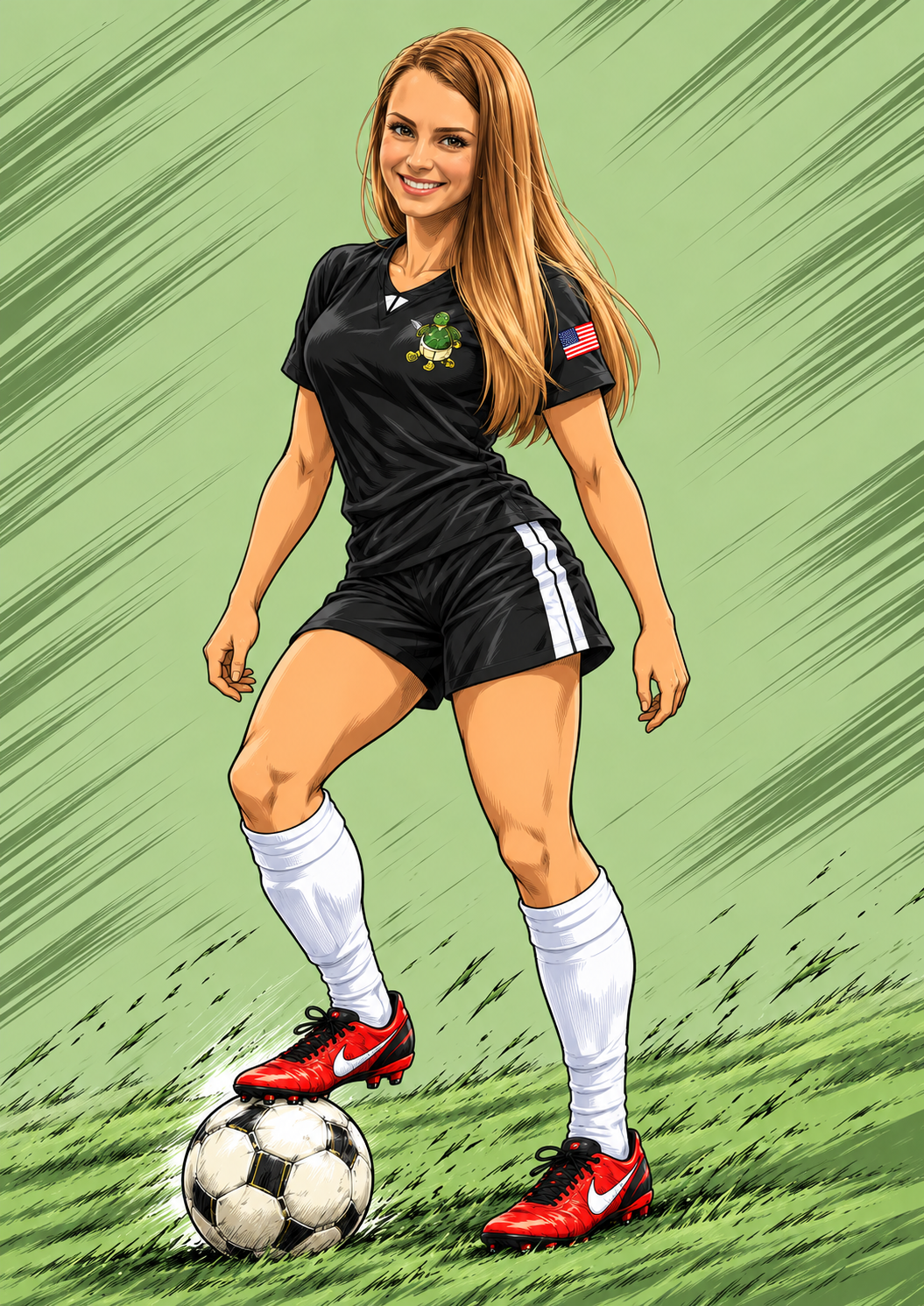 Anime illustration of Kylie Plop in the Turtles black jersey with a green turtle insignia
