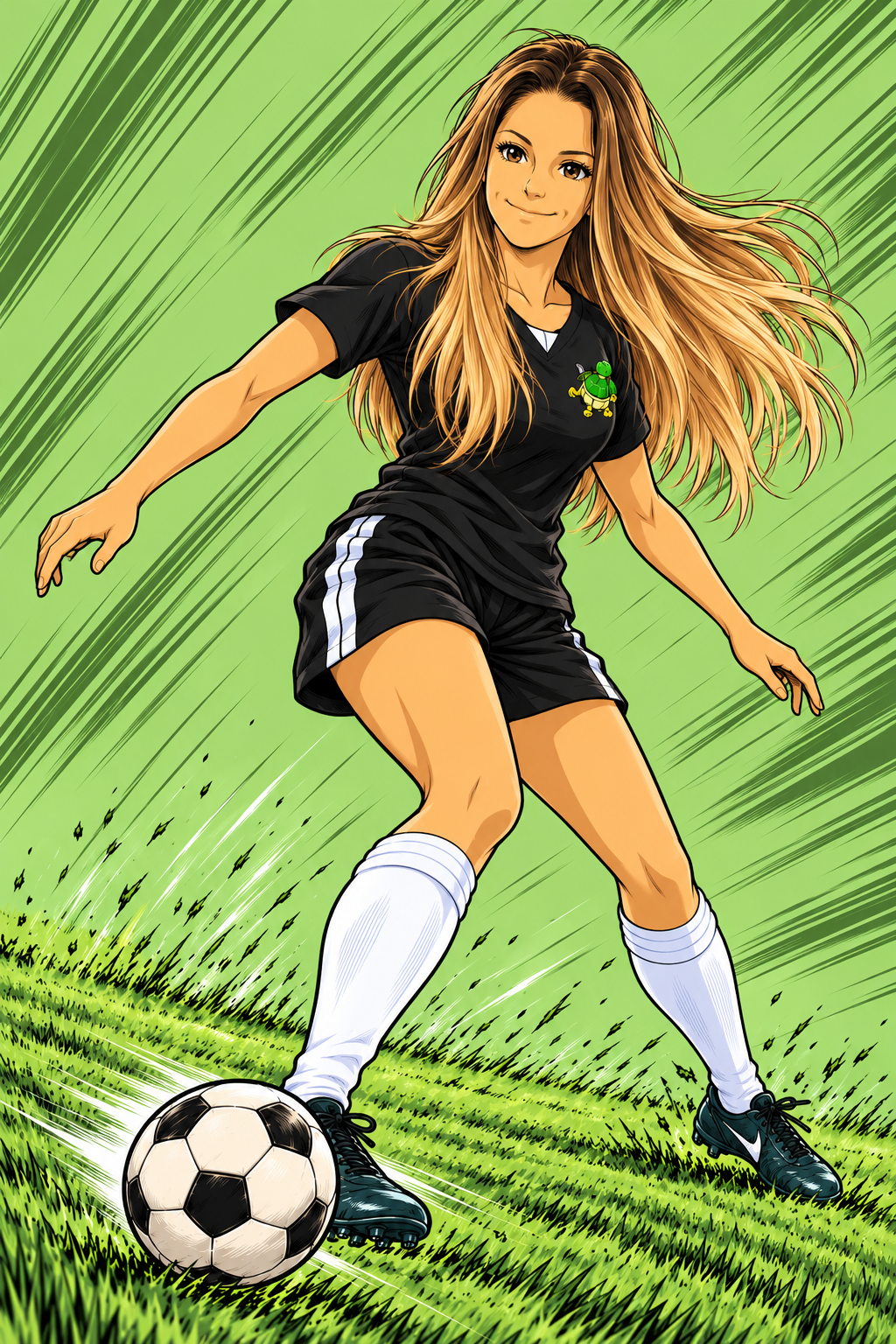 Anime illustration of Leah Yurko in the Turtles black jersey with a green turtle insignia