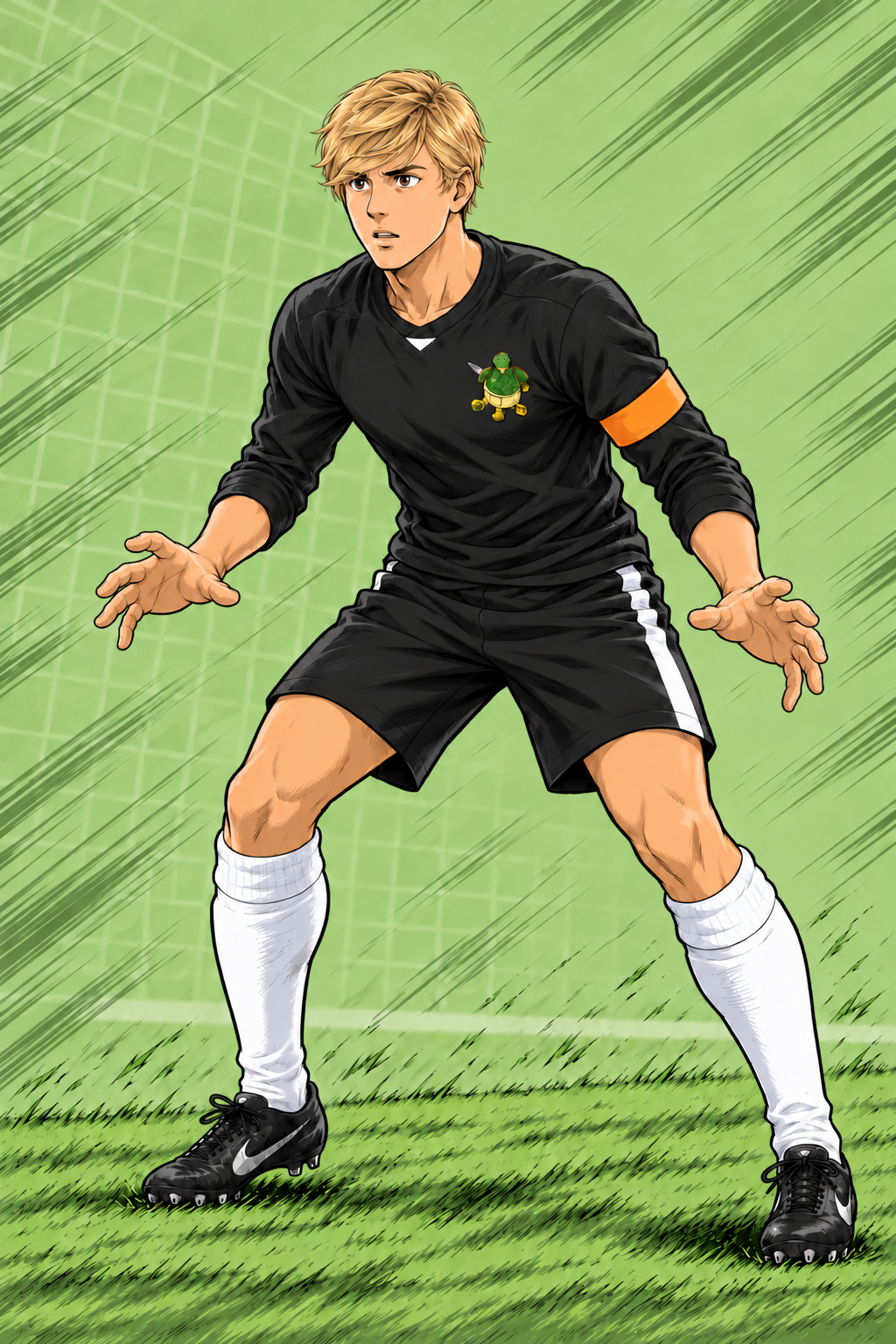 Anime illustration of Luke Fick in the Turtles black jersey with a green turtle insignia