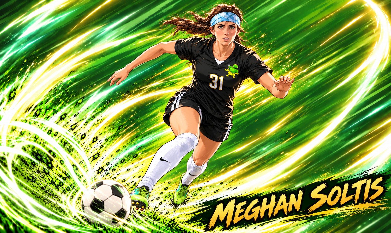 Cartoon illustration of Meghan Soltis in the Turtles uniform
