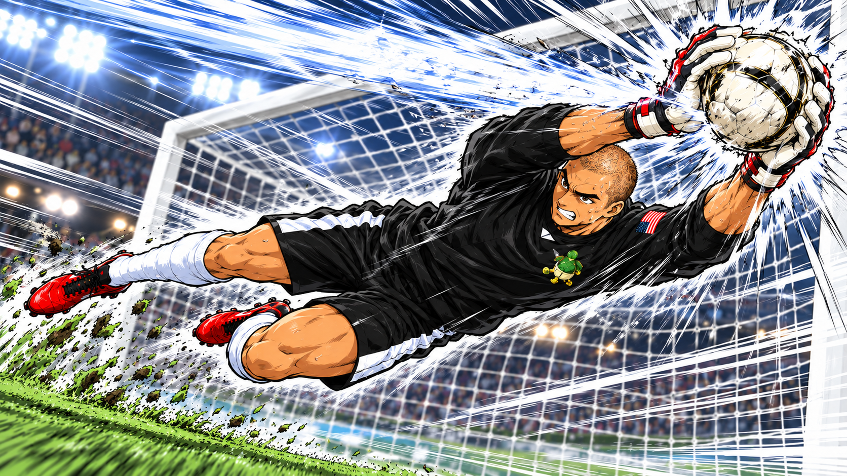 Anime illustration of Mirsad Curri struggling to stop a powerful shot in the Turtles goalkeeper kit