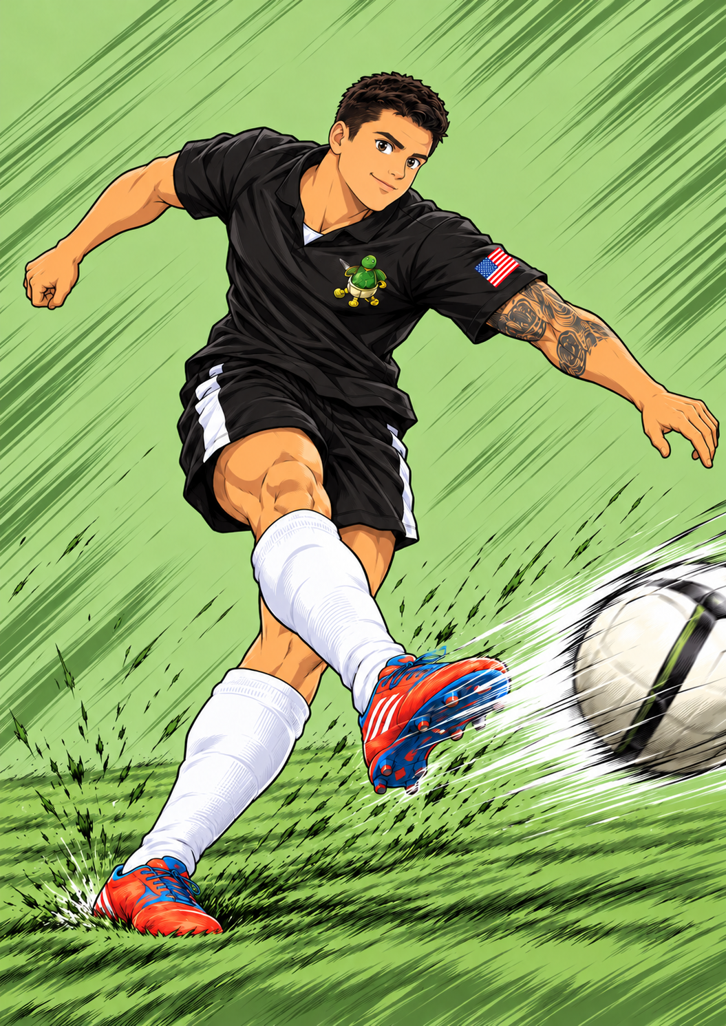 Anime illustration of Nick Gutlove taking a powerful shot in the Turtles black jersey
