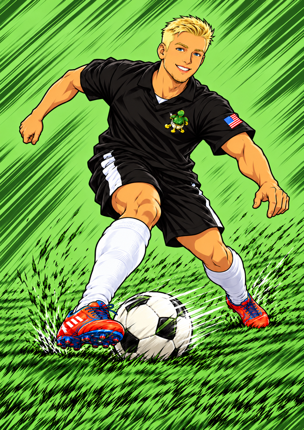 Cartoon illustration of blond Tim Hoffman controlling a soccer ball in the Turtles black jersey